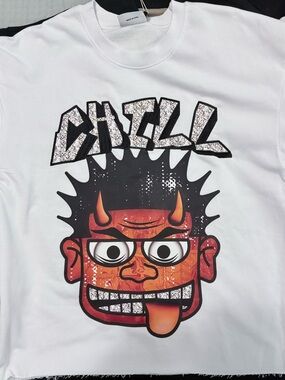 Jane and Bleecker White Graphic Tee with Red and Black Devil Face